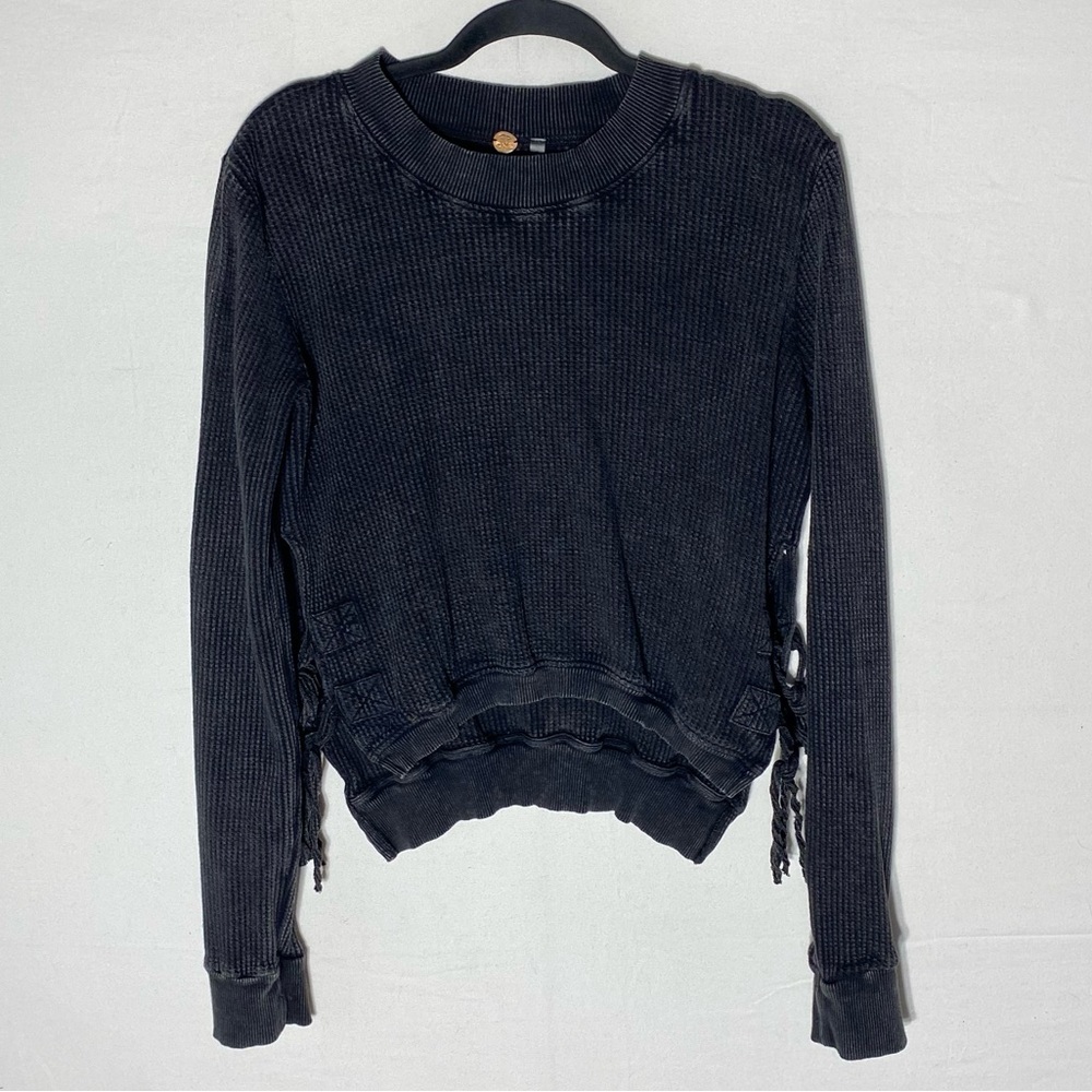 Free People FP One Charcoal Grey Cropped Interlaken Waffle Knit Thermal Top L
